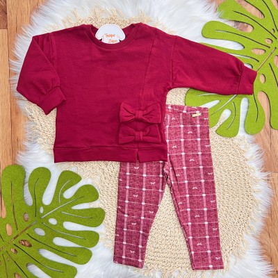 Conj. Casaco de Moletom Laços e Calça Legging - Cereja
